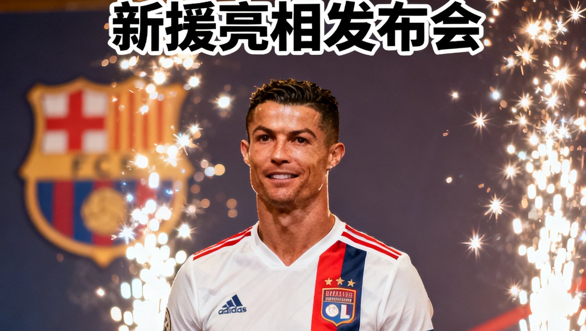 夏季转会窗口新闻配图，一名球星身穿新东家球衣亮相发布会，背景是俱乐部徽标和闪光灯